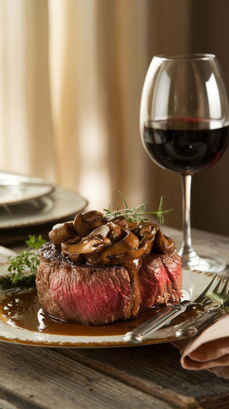 A gourmet Merlot filet mignon topped with mushroom wine sauce, served with a glass of red wine.